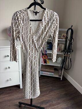 Banana Republic Cream Midi Wrap Dress with Brown Chain Print